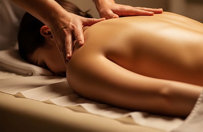 Person genießt eine wohltuende Ganzkörpermassage in Hannover bei Elsa Cosmetic, fokussiert auf umfassende Entspannung und Lockerung der Muskulatur.
