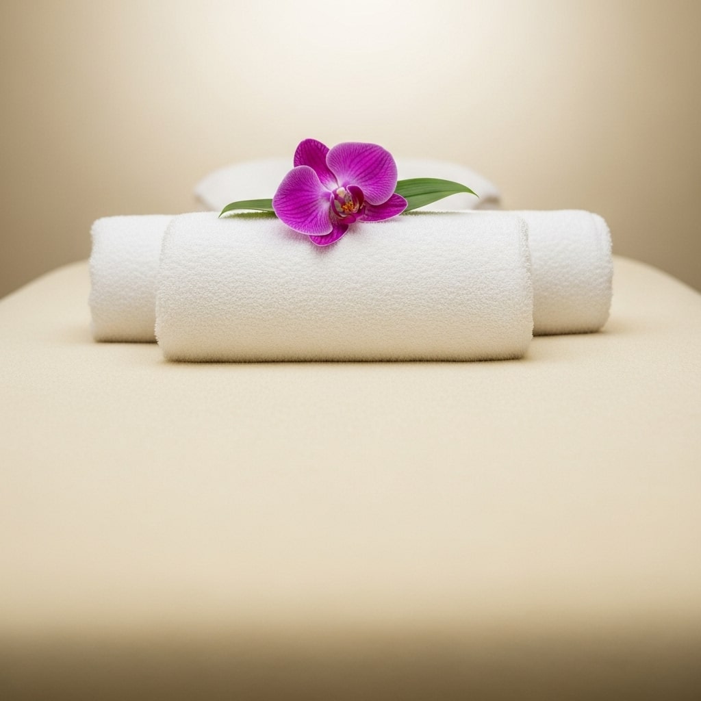Leere, einladende Massageliege mit flauschigen Handtüchern und einer lila Orchidee, bereit für Ihre Entspannung bei Elsa Cosmetic in Hannover.