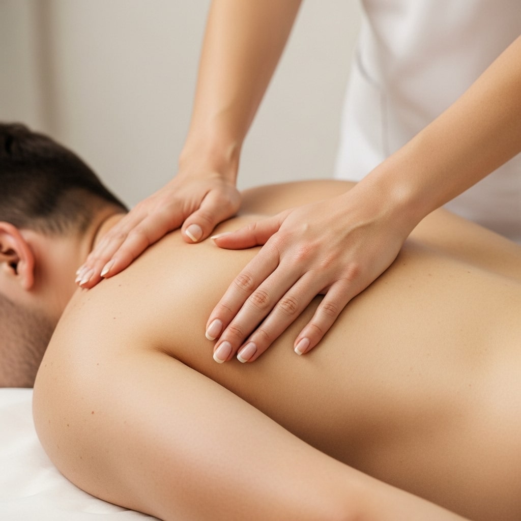 Nahaufnahme von professionellen weiblichen Händen, die den Rücken eines Mannes auf einer Massageliege in Hannover gezielt massieren.
