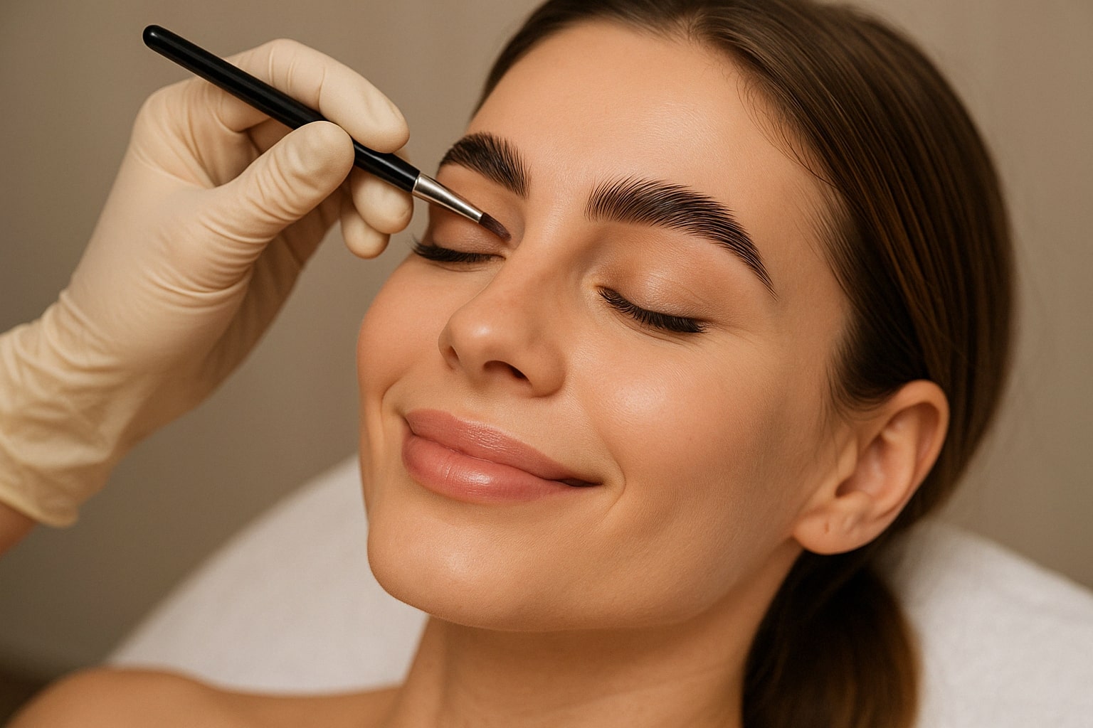 Frau bei einer Browlifting-Behandlung im Kosmetikstudio Elsa Cosmetic Hannover – Kosmetikerin formt mit einem Pinsel präzise die Augenbrauen, während die Kundin entspannt lächelt 👁️💆‍♀️