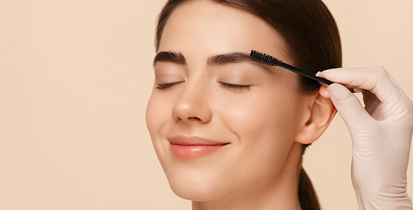 Elsa Cosmetic Hannover mit Browlifting-Behandlung – Frau mit mittelvollen, gestylten Augenbrauen lächelt entspannt bei der Anwendung, während ein Bürstchen sanft die Brauen formt 😊👁️‍🗨️