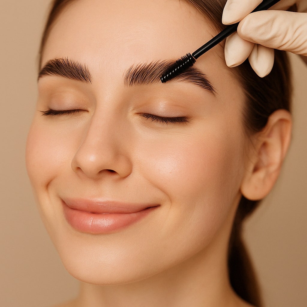 Frau mit makellos gestylten Augenbrauen bei einer Browlifting-Anwendung – geschlossene Augen, entspanntes Lächeln und gleichmäßiger Schwung der Braue im Fokus 💖👁️‍🗨️