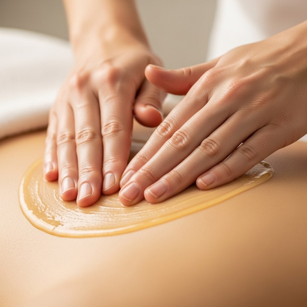 Detailaufnahme von erfahrenen Händen, die Massageöl auf einen Rücken auftragen, als Zeichen für fachkundige und individuelle Behandlungen bei Elsa Cosmetic in Hannover.
