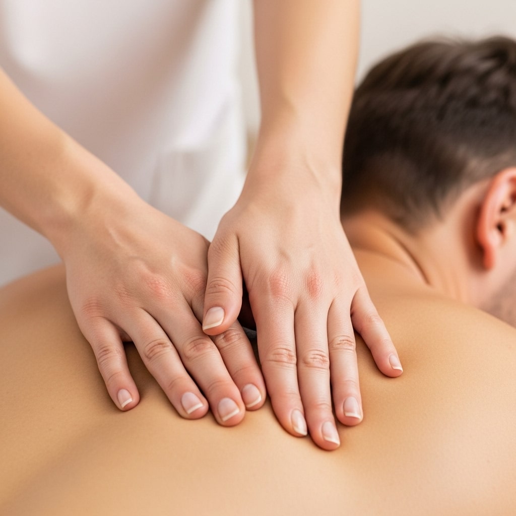 Ein Mann liegt entspannt auf einer Massageliege, während Hände seinen Rücken sanft massieren – Symbol für tiefe Entspannung und Wohlbefinden in Hannover.