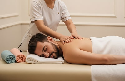 Person genießt eine beruhigende Relaxmassage zur Förderung von Stressabbau und innerer Ruhe, ein Angebot von Elsa Cosmetic in Hannover.