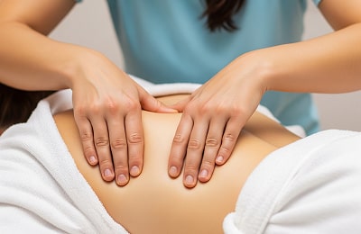 Detailaufnahme einer gezielten Rückenmassage zur Linderung von Verspannungen im Nacken- und Schulterbereich, durchgeführt in einem Massagestudio in Hannover.