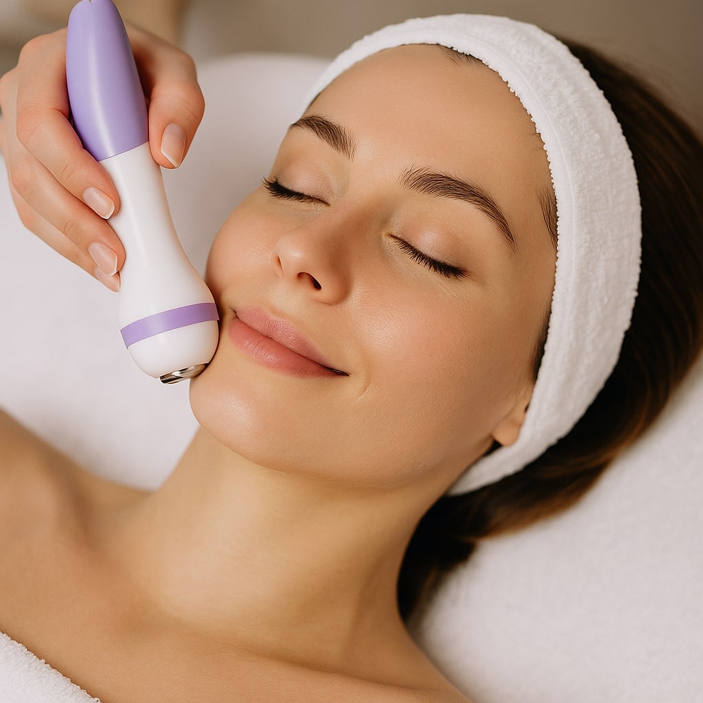 Behandlung von müder, fahler Haut mit Ultraschall im Kosmetikstudio Elsa Cosmetic in Hannover – junge Frau mit gestresstem Hautbild während einer regenerativen Gesichtsbehandlung mit hochfrequentem Schallgerät 🌿💧